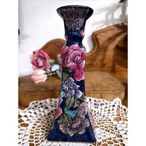 V TG Chinoiserie Floral Hand-painted Candlestick Holder 8.5” Vibrant Colors